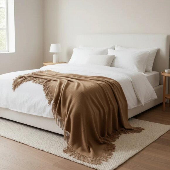 ARTZNL 100% Baby Alpaca Throw Blanket Camel Brown Large 71x51 Soft Lightweight - Picture 6 of 10